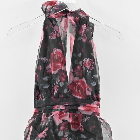 RIHOAS Dress Size S VNeck Floral Print Tiered Layered Halter Midi Black Pink NEW - Picture 3 of 12